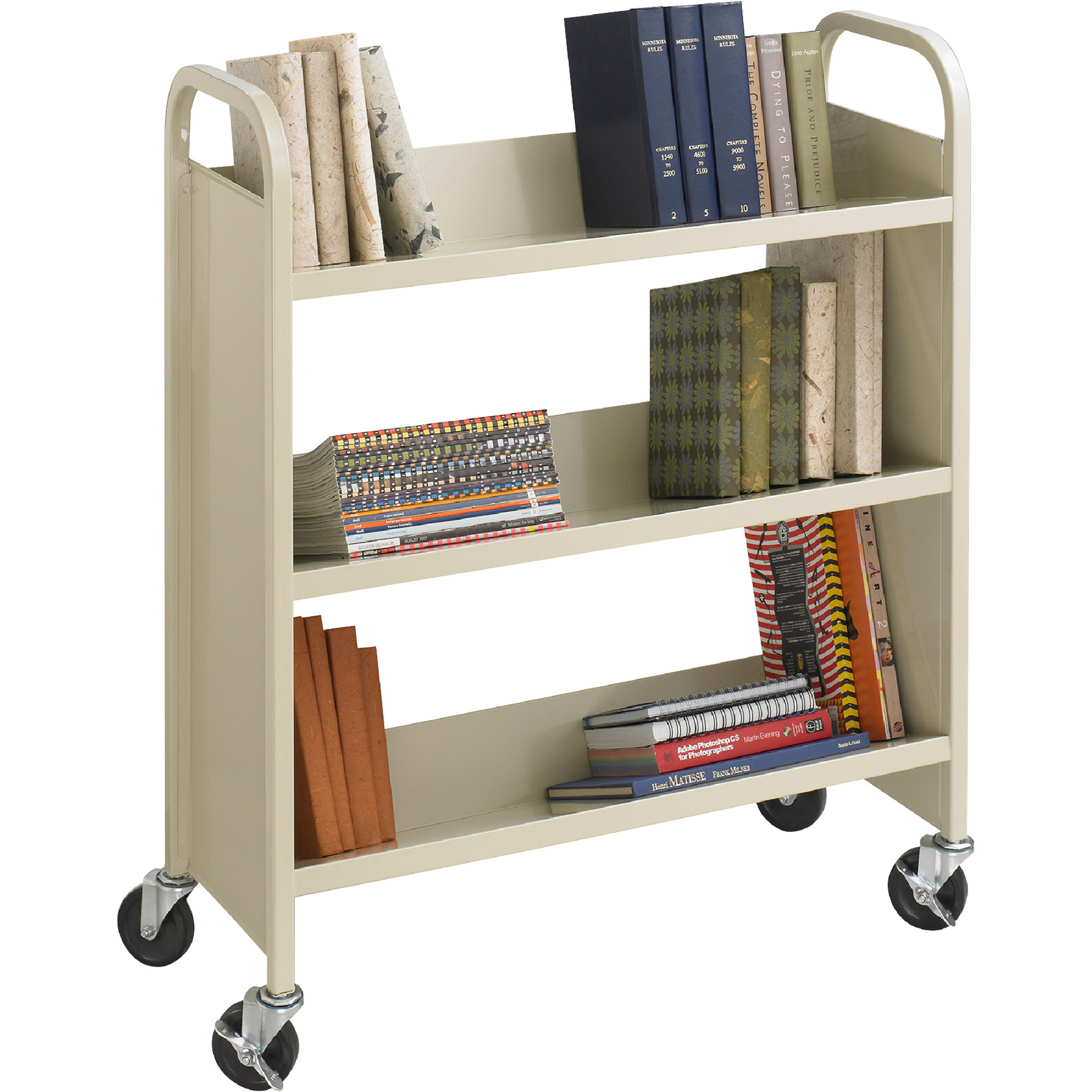 Safco Steel Single-Sided Book Cart, Tan, 36in.W x 14 1/2in.D x 43 1/2in.H